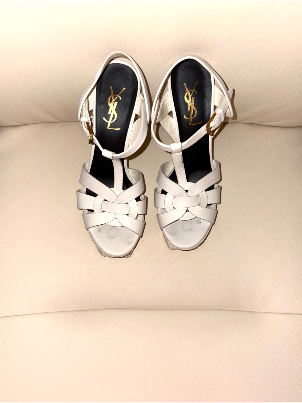 Saint Laurent White Leather Woven T-Strap Platform Sandals - Picture 2 of 10